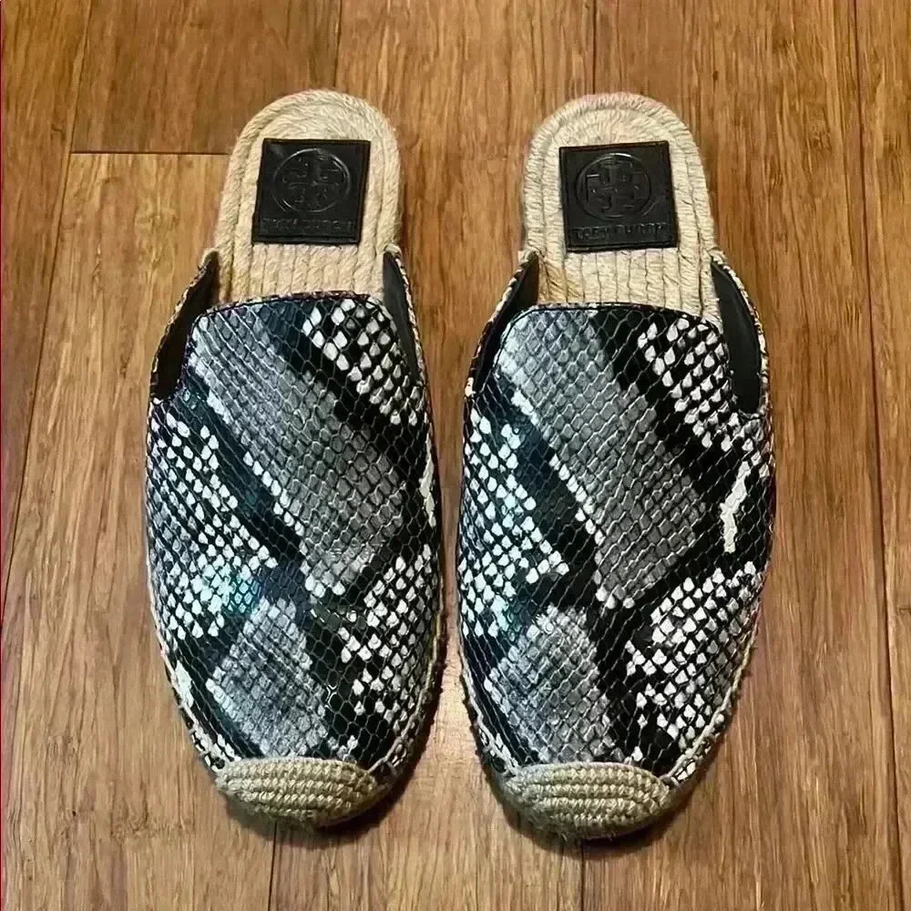 Tory Burch Black and White Snake Print Espadrilles